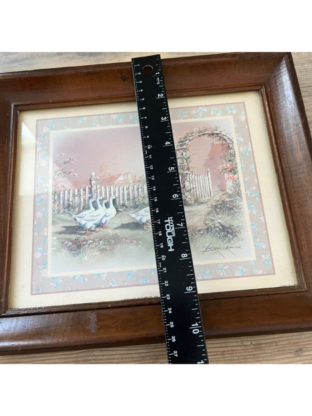 1987 Andres Orpinas Geese In The Garden Wood Framed Print Cottage Core 12'X10" - Picture 9 of 9
